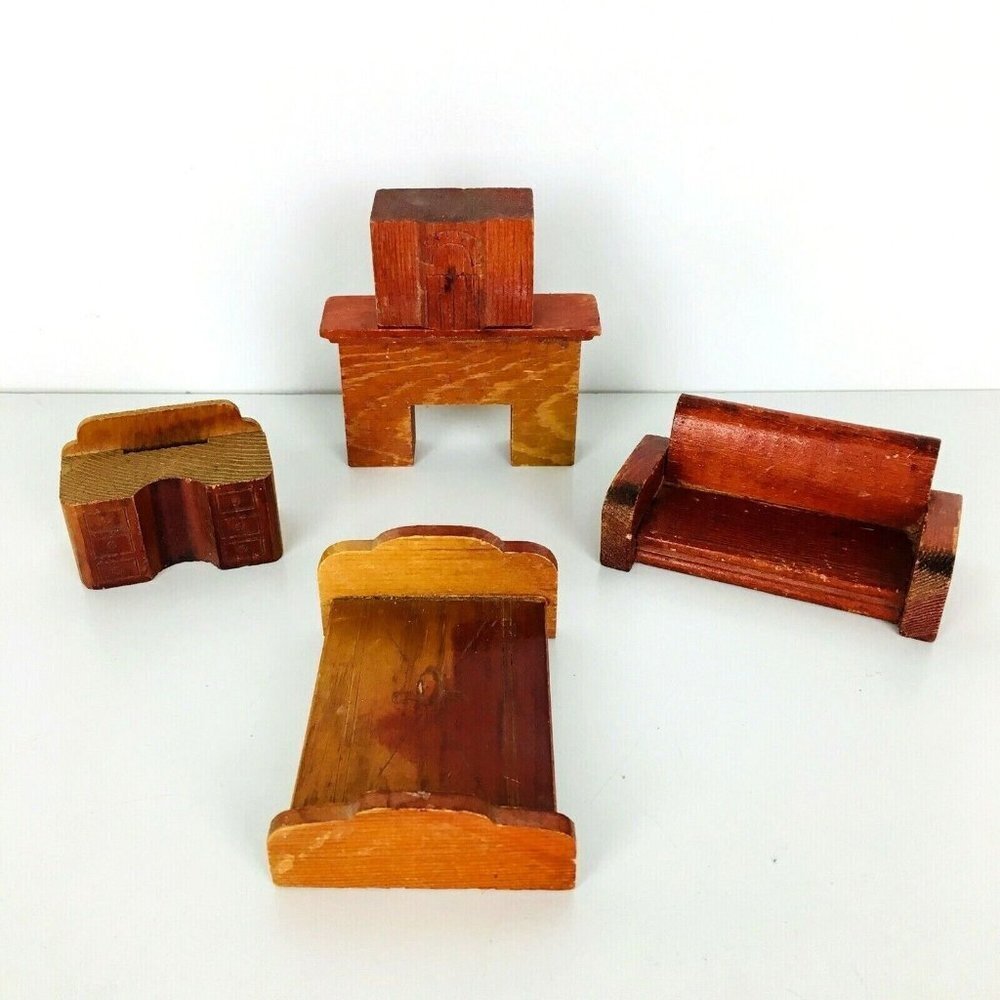 Antique Primitive Hand-Crafted Wooden Doll House Furniture 5 Pc Set